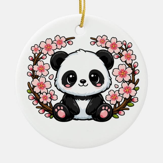 Söt Panda som sitter i körsbärsblom Julgransprydnad Keramik (Framsidan)