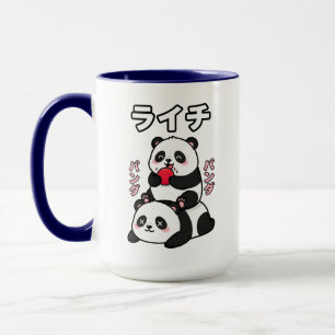 Söt Panda Staplar Litchi Frukt Japansk Tecknad Fil Mugg