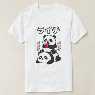 Söt Panda Staplar Litchi Frukt Japansk Tecknad Fil T Shirt
