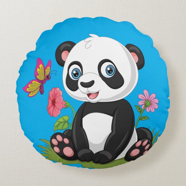 Söt Panda Tecknad Film Rund Kudde (Framsidan)
