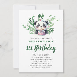 Söt Panda Vattenfärg Grönska 1-års Födelsedag Inbjudningar