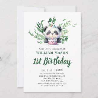 Söt Panda Vattenfärg Grönska 1-års Födelsedag Inbjudningar