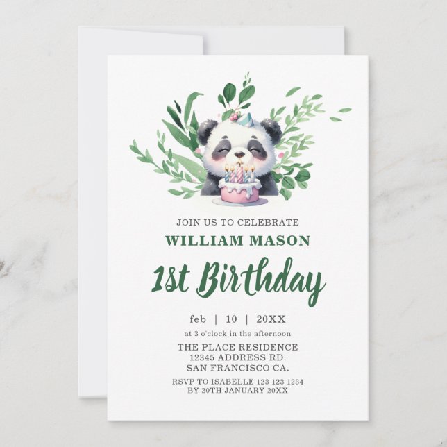 Söt Panda Vattenfärg Grönska 1-års Födelsedag Inbjudningar (Framsida)