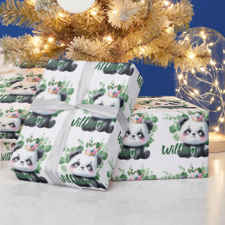 Söt Panda Vattenfärg Grönska Mönster Födelsedag Presentpapper
