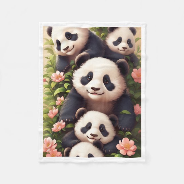 Söt pandafamilj med rosa blommor flanellfilt fleecefilt (Framsidan)