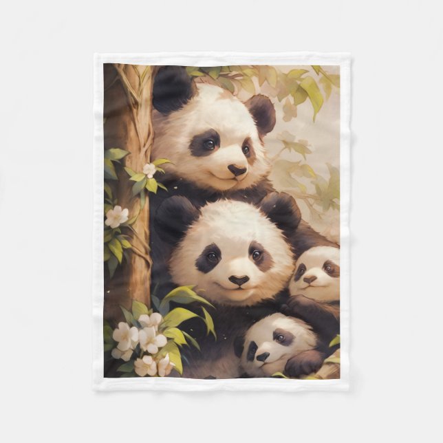 Söt Pandafamilj Träd Filttäcke Fleecefilt (Framsidan)