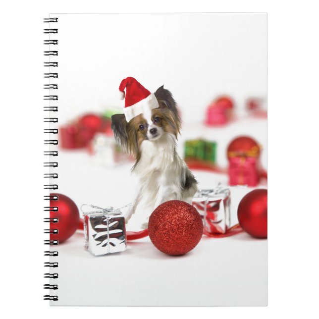 Söt Papillon Hund Jul Santa Hatt Anteckningsbok Med Spiral (Framsidan)