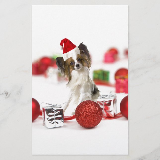 Söt Papillon Hund Jul Santa Hatt Brevpapper (Framsida)