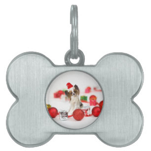 Söt Papillon Hund Jul Santa Hatt ID-bricka Husdjur