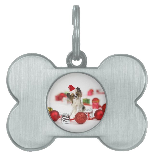 Söt Papillon Hund Jul Santa Hatt ID-bricka Husdjur (Framsidan)