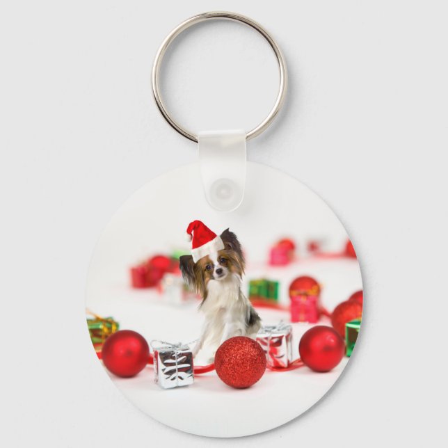 Söt Papillon Hund Jul Santa Hatt Nyckelring (Framsida)