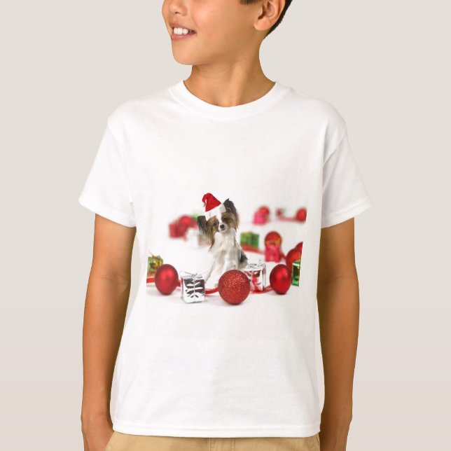 Söt Papillon Hund Jul Santa Hatt T Shirt (Framsida)