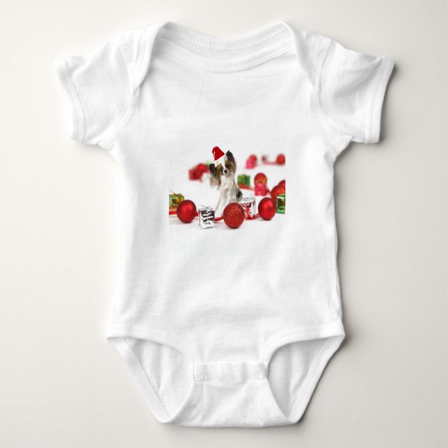 Söt Papillon Hund Jul Santa Hatt Tee Shirt (Framsida)