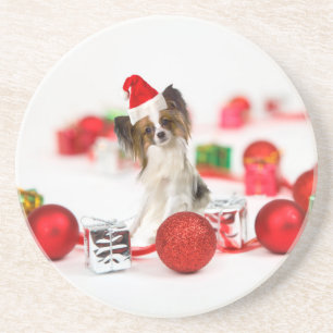 Söt Papillon Hund Jul Santa Hatt Underlägg Sandsten