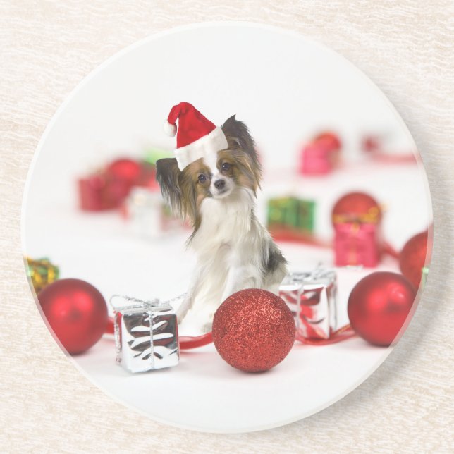 Söt Papillon Hund Jul Santa Hatt Underlägg Sandsten (Framsidan)