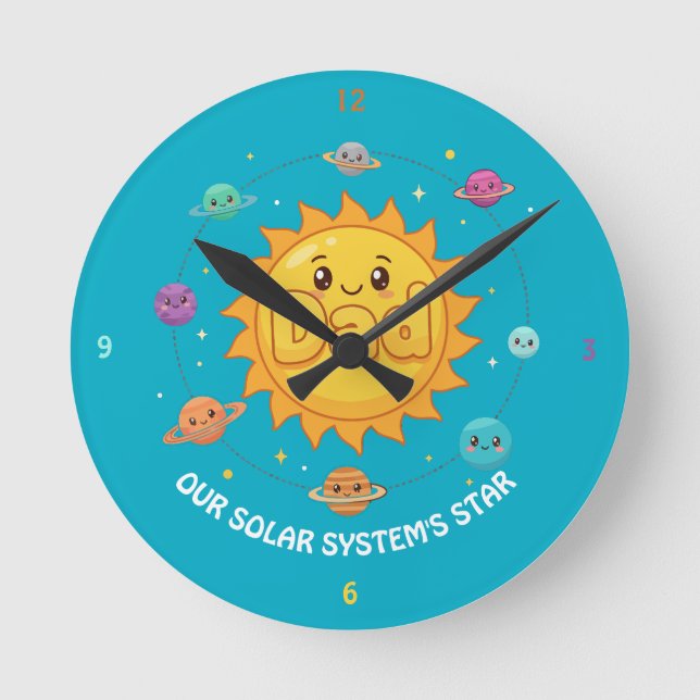 Söt Pappa Sol System Stjärna Rymd Tecknad Film Rund Klocka (Framsida)