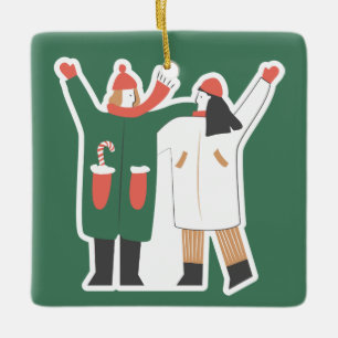 Söt par vinterillustration anpassat namn julgransprydnad keramik