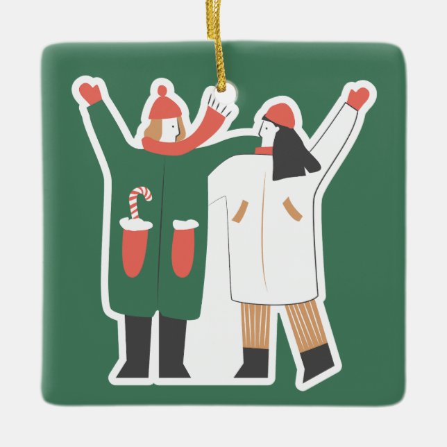 Söt par vinterillustration anpassat namn  julgransprydnad keramik (Framsida)
