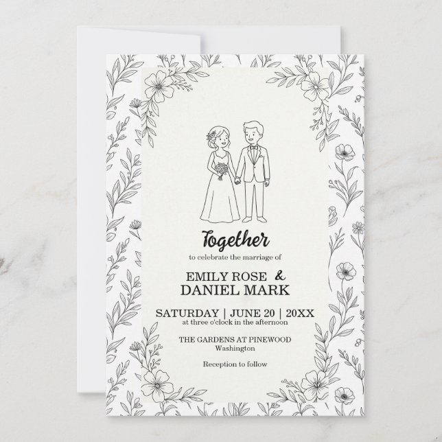 Söt Parillustration Minimalistisk Blommig Bröllop Inbjudningar (Framsida)