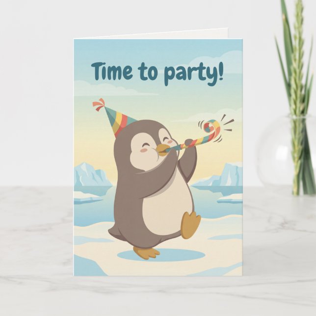 Söt partypingvin | Anpassad födelsedag Kort (Framsida)