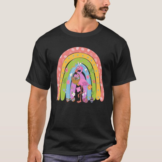 Söt Påsk Flamingo Rainbow Bunny med Påsk B T Shirt (Framsida)