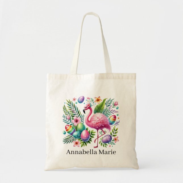 Söt påsk rosa flamingo lägg till namn  tygkasse (Framsidan)