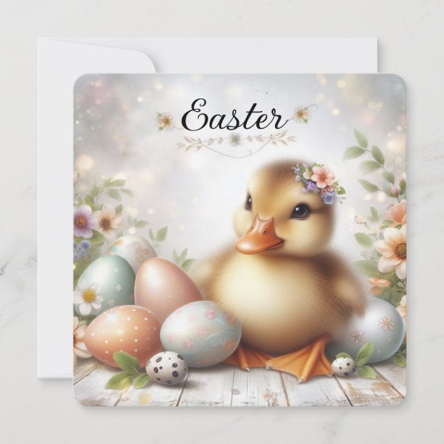 Söt påskand med påskägg och blommor julkort (Framsida)