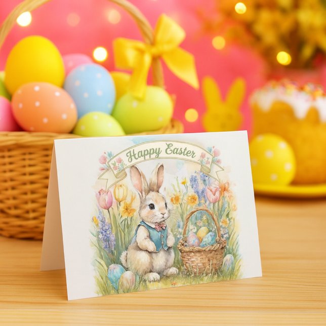 Söt påskharbarns semesterkort helgkort (Watercolor Easter card with bunny, tulips, daffodils, and basket of eggs under “Happy Easter” banner)