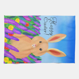 Söt påskhare bland blommor egen text kökshandduk