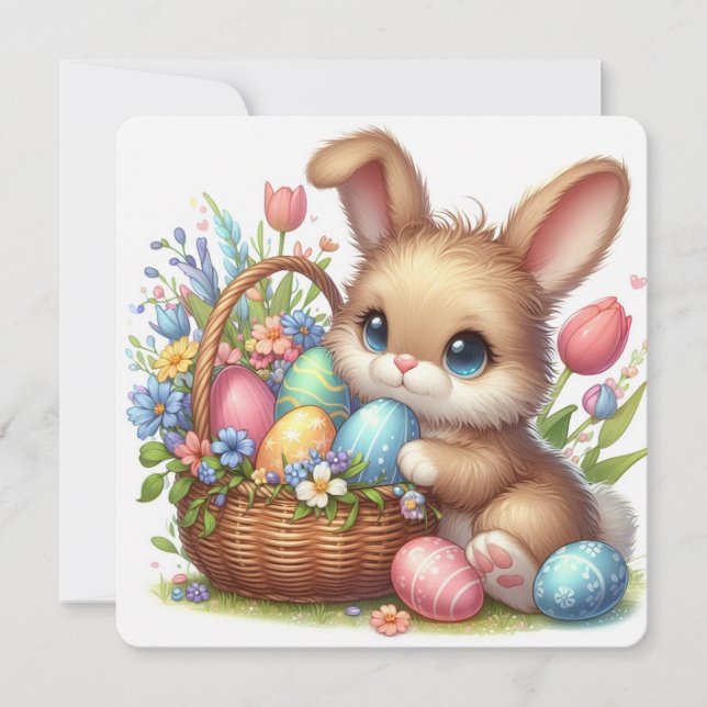 Söt påskhare med ägg, blommor och korg julkort (Framsida)