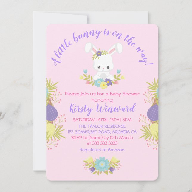 Söt påskharen ägg blommor baby shower-fest inbjudningar (Framsida)