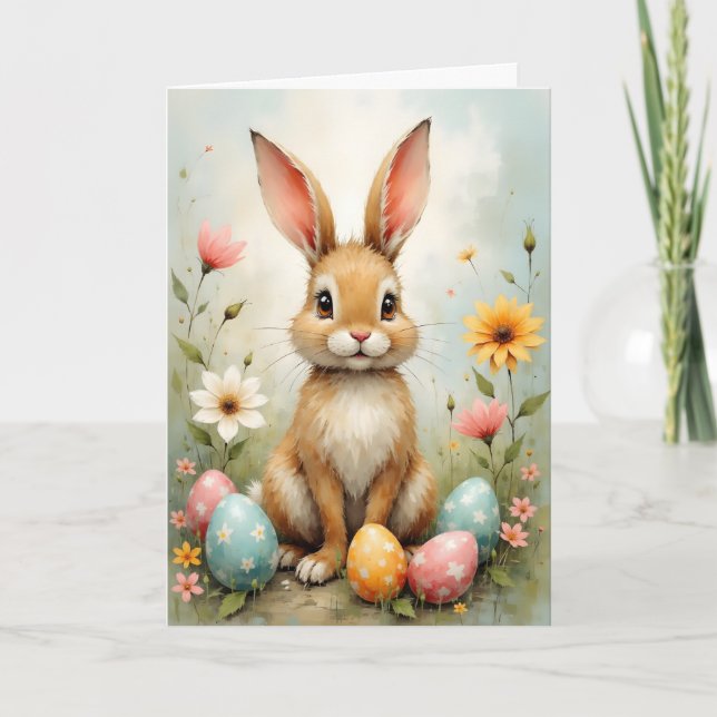Söt påskharen ägg blommor påsk kort (Framsida)