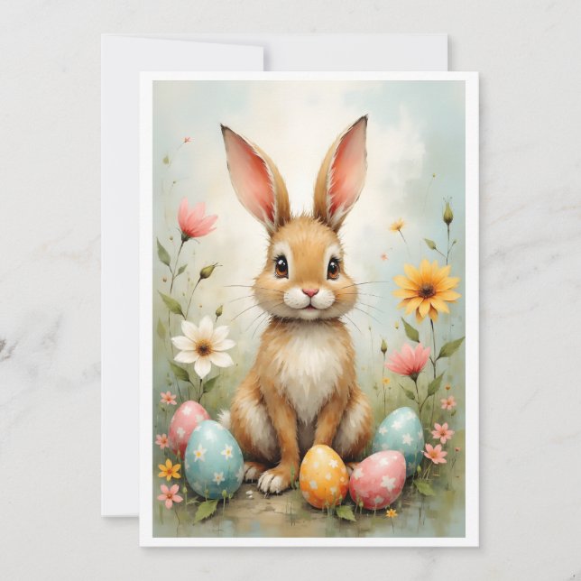 Söt påskharen ägg blommor platt kort (Framsida)