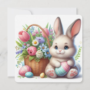 Söt påskharen med ägg, blommor och korg julkort