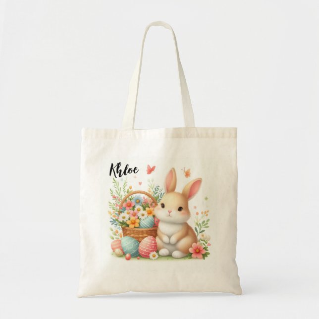 Söt påskharen med ägg och blommor tygkasse (Framsidan)