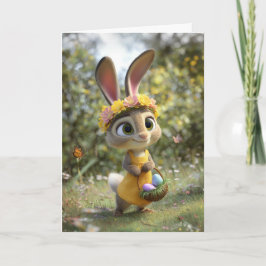 Söt påskharen med blomsterkrona & korg med ägg kort