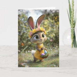Söt påskharen med blomsterkrona & korg med ägg kort