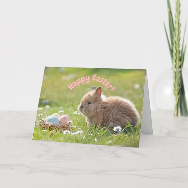 Söt påskharen med målade ägg   kort (Framsida)