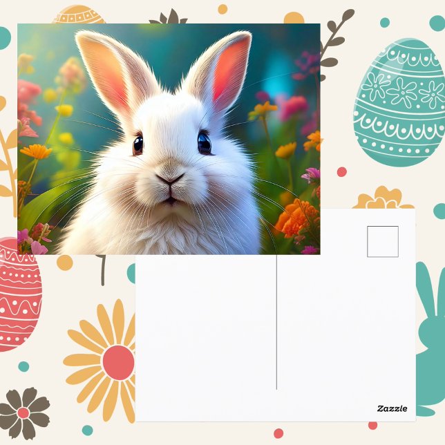 Söt påskharen postkort vykort (Easter bunny rabbit spring flowers easter greetings postcard springtime cute animal)