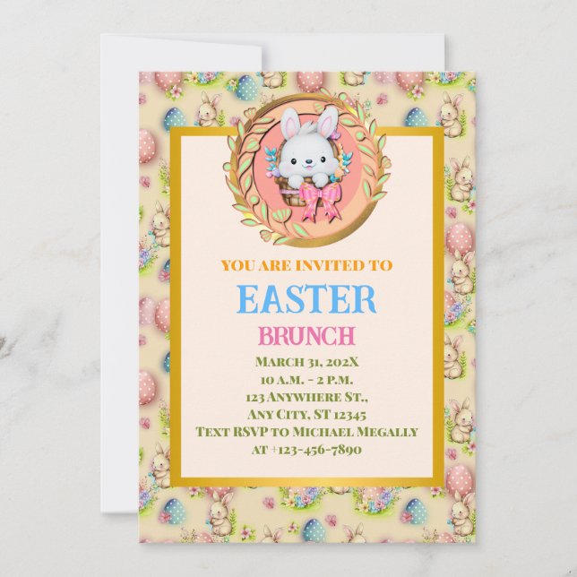 Söt påskharen sittande i korgen inbjudningar (Framsida)