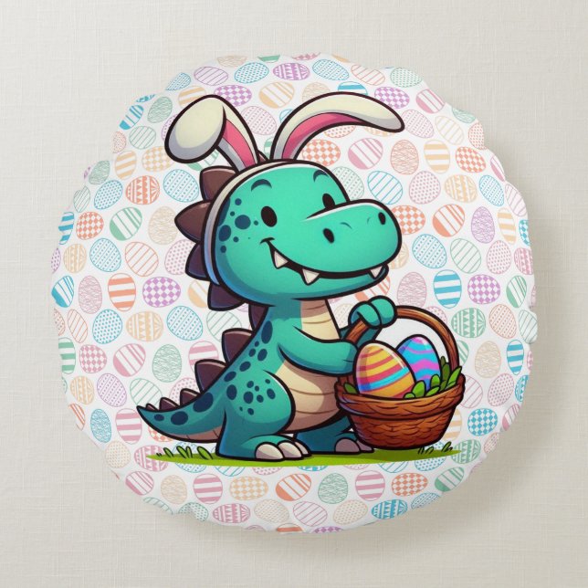 Söt påskkanin-dinosaurie rund kudde (Framsidan)