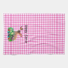 Söt påskkanin på rosa gingham kökshandduk