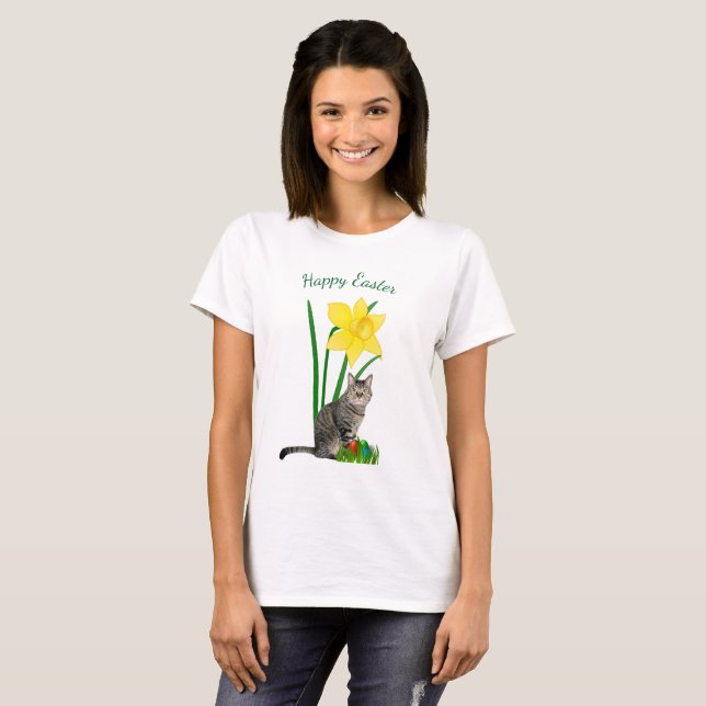 Söt påskkatt och gula narcisser Vit T-Shirt (Hel framsida)