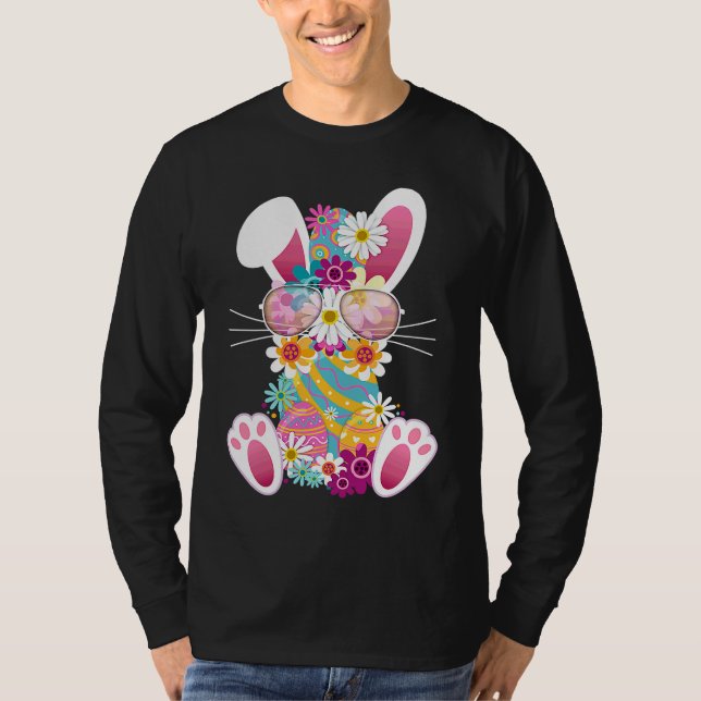 Söt påskkel hare färga ägg tusenskönor & solglasög t shirt (Framsida)