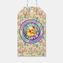 Söt påskkyckling, blommor och färgglada ägg presentetikett