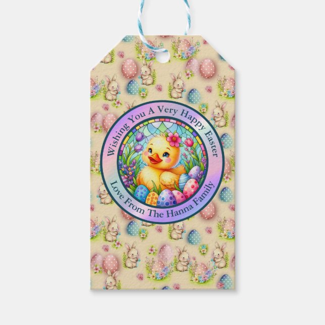 Söt påskkyckling, blommor och färgglada ägg presentetikett (Framsidan)
