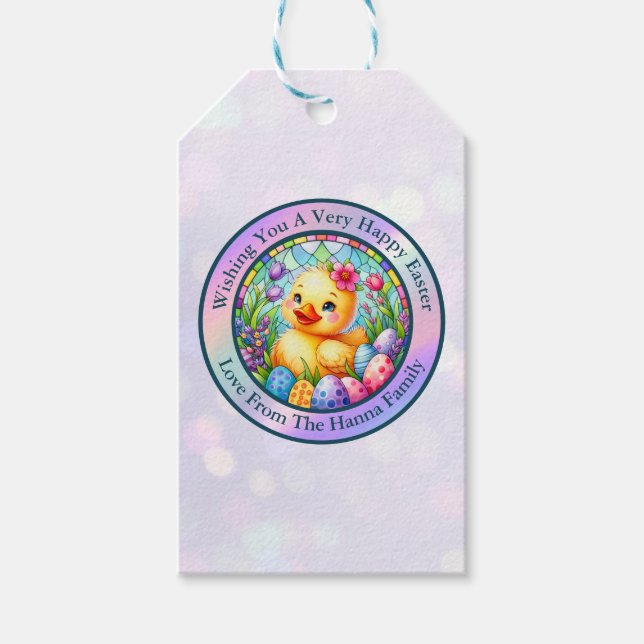 Söt påskkyckling, blommor och färgglada ägg presentetikett (Framsidan)