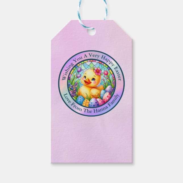 Söt påskkyckling, blommor och färgglada ägg presentetikett (Framsidan)