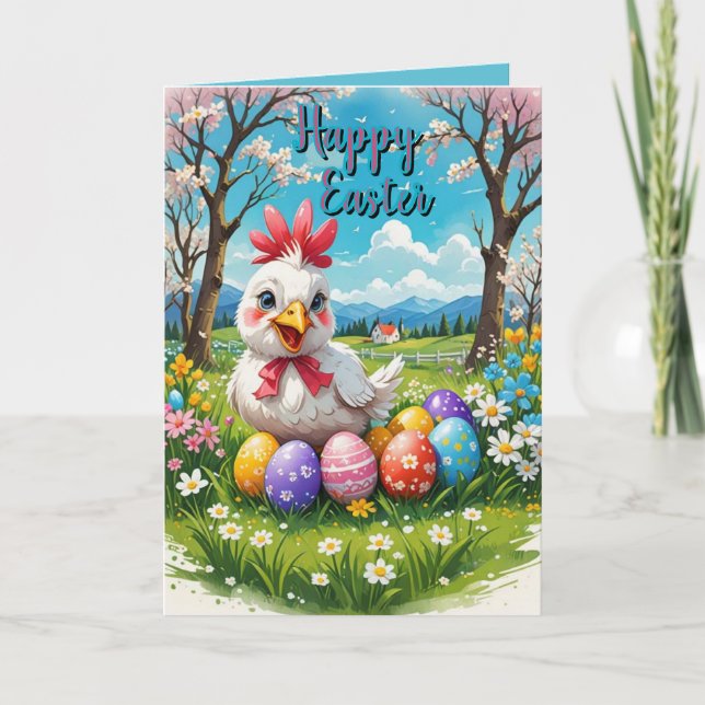 Söt påskkyckling med vårblommor, ägg helgkort (Framsida)