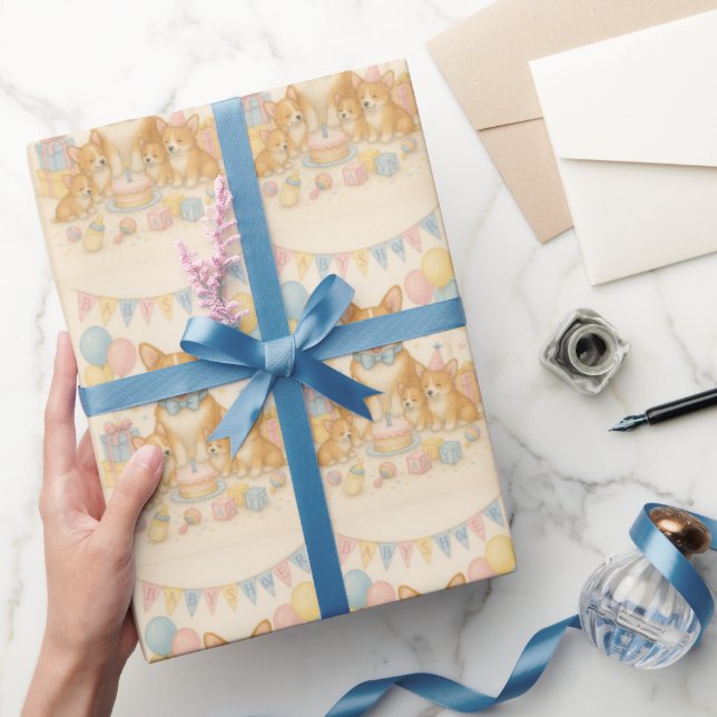 Söt Pastel Adsible Corgi Baby Shower Presentpapper (Gifting)